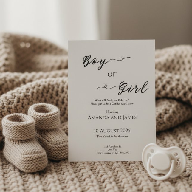 Convites Minimalist Boy or Girl Gender Reveal (Gender reveal invitation on beige knit blanket with baby booties and pacifier in warm light)