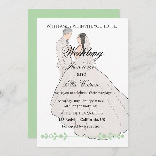Convites Minimalist Bride and Groom Wedding Illustration (Frente/Verso)