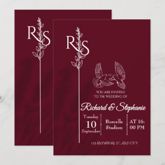 Convites Minimalist Burgundy & White Birds Wedding Invite