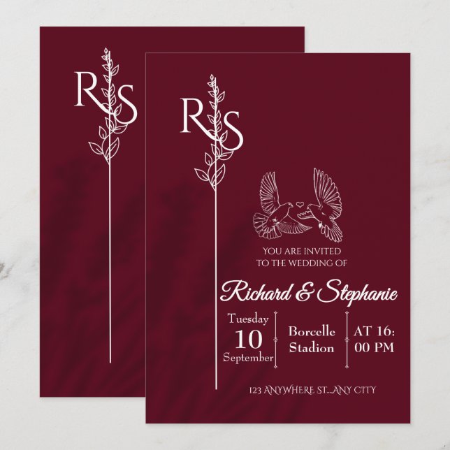 Convites Minimalist Burgundy & White Birds Wedding Invite (Frente/Verso)