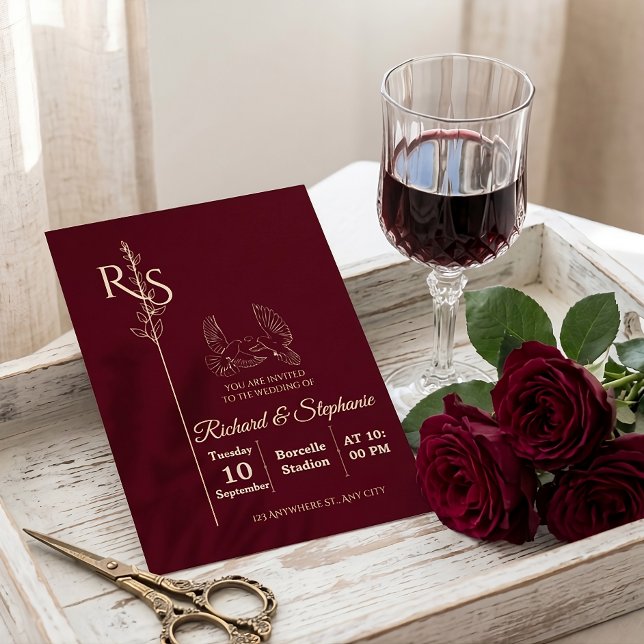 Convites Minimalist Burgundy & White Birds Wedding Invite (Criador carregado)