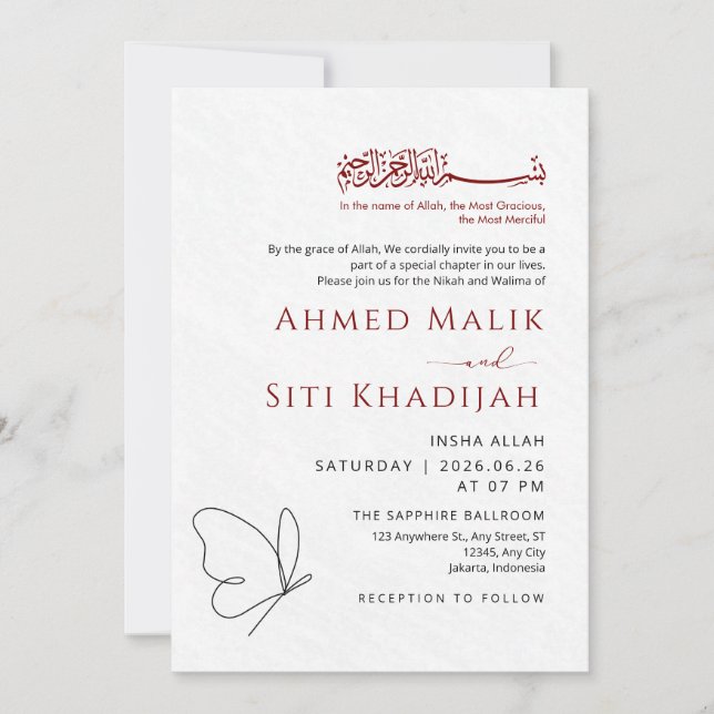 Convites Minimalist Butterfly One Line Art Islamic Wedding (Frente)