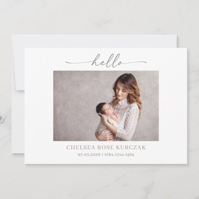 Convites Minimalist Chic Hello Photo Baby Announcement card (Frente)