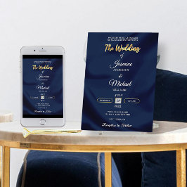 Convites Minimalist Chic Navy & Gold Script Wedding Elegant