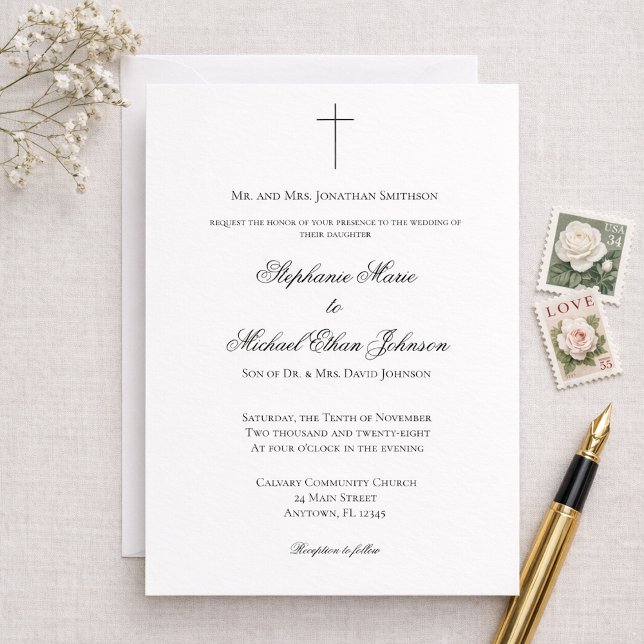 Convites MINIMALIST Christian Cross Formal Church Wedding (Criador carregado)
