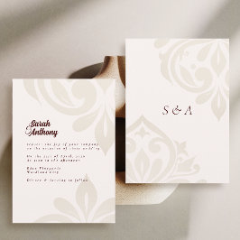 Convites Minimalist Cream Burgundy Elegant Damask Wedding