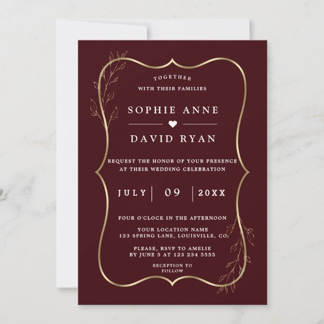 Convites Minimalist Deep Burgundy Gold Line Art Wedding  (Frente)