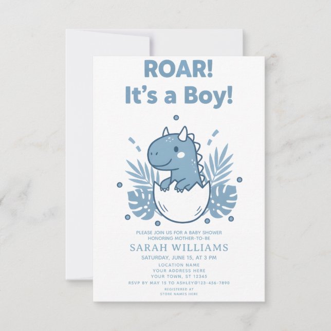 Convites minimalist Dinosaur Baby Shower party boy Roar (Frente)