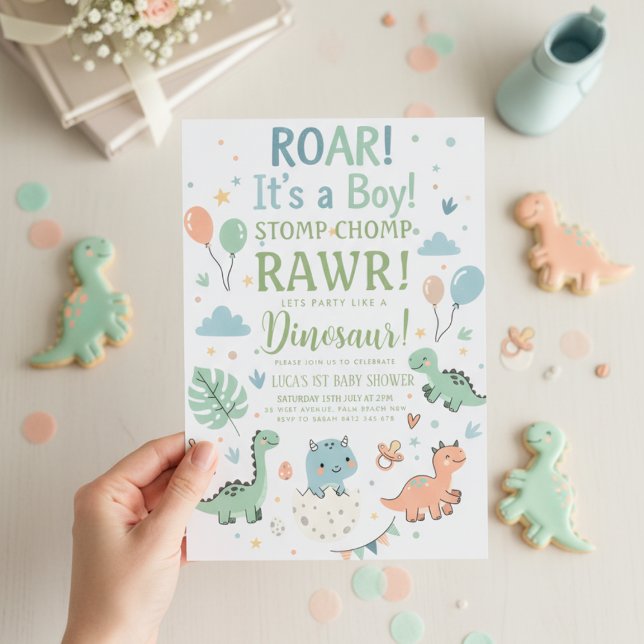 Convites minimalist Dinosaur Baby Shower party boy Roar (Criador carregado)