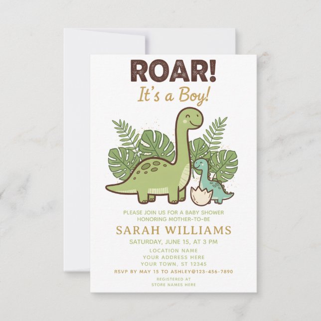 Convites minimalist Dinosaur Baby Shower party boy Roar (Frente)
