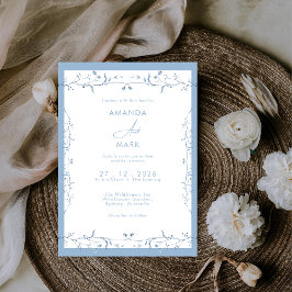 Convites Minimalist Dusty Blue Chinoiserie Floral Wedding