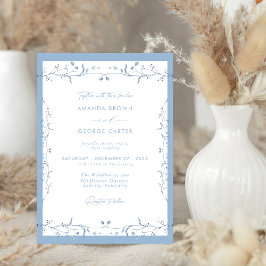 Convites Minimalist Dusty Blue Chinoiserie Floral Wedding