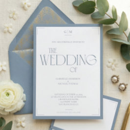 Convites Minimalist Dusty Blue Elegant Monogram Wedding 