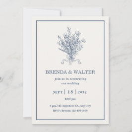 Convites Minimalist Dusty Blue Floral Sketch Wedding 