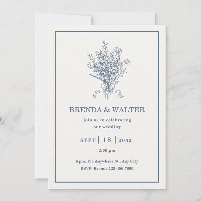 Convites Minimalist Dusty Blue Floral Sketch Wedding  (Frente)