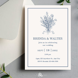 Convites Minimalist Dusty Blue Floral Sketch Wedding 