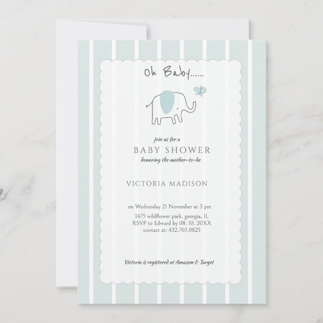 Convites Minimalist Dusty Blue Oh Baby Elephant Sketch  (Frente)