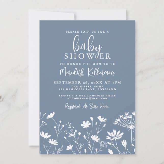 Convites Minimalist Dusty Blue Wildflower Baby Shower (Frente)