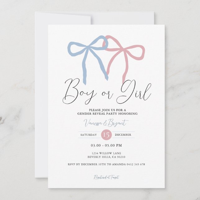 Convites Minimalist Dusty Pink Blue Ribbon Gender Reveal (Frente)