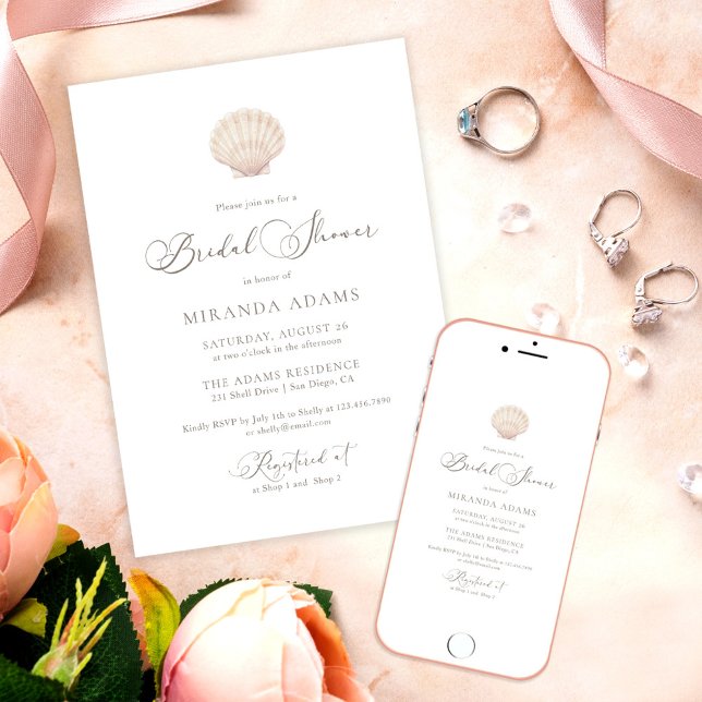 Convites Minimalist Elegant Sea Shell Beach Bridal Shower (Criador carregado)