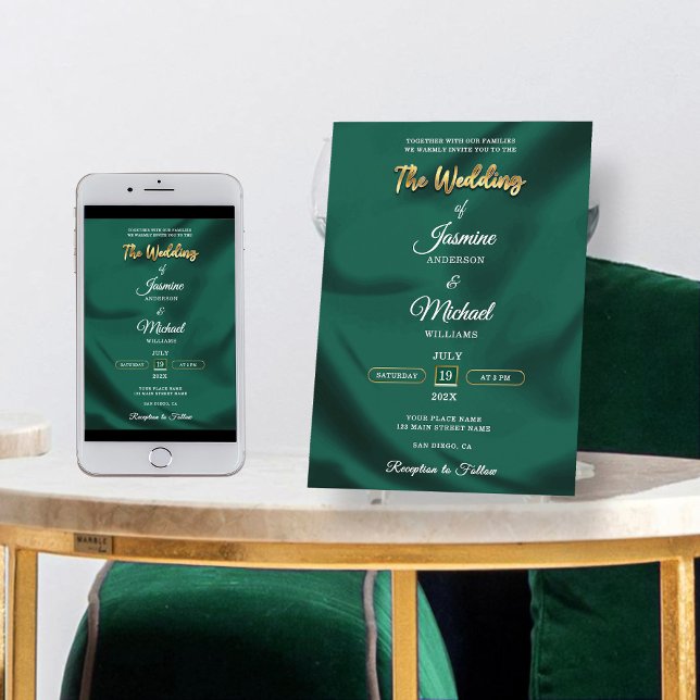 Convites Minimalist Emerald and Gold Foil Script Wedding  (Criador carregado)