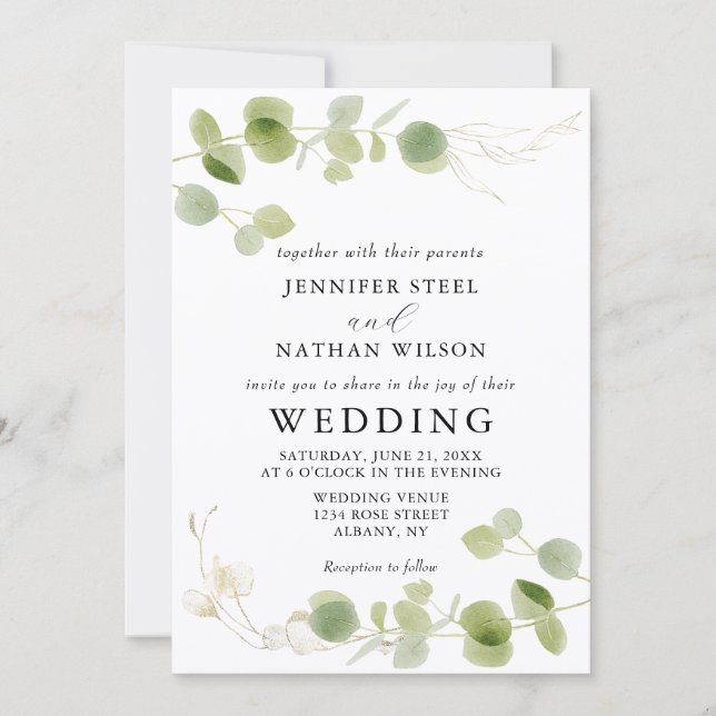 Convites Minimalist Eucalyptus Green Foliage Classy Wedding (Frente)