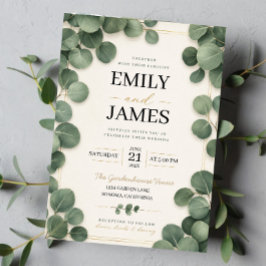 Convites Minimalist Eucalyptus Sage Green Leaves and Gold