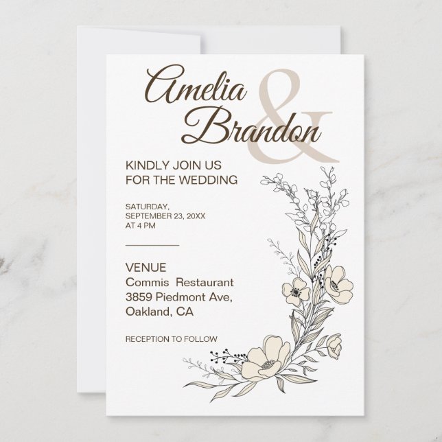Convites Minimalist Floral Line Art Wedding Invitation (Frente)