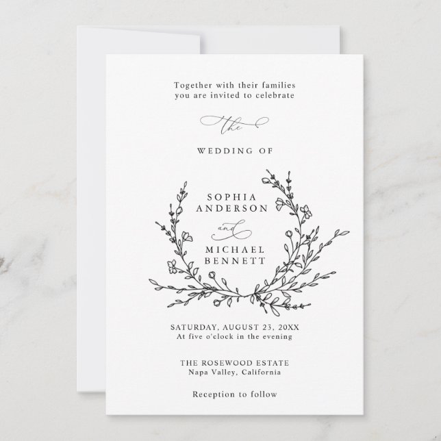 Convites Minimalist Floral Line Art Wedding Invitation (Frente)