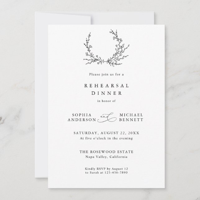 Convites Minimalist Floral Line Art Wedding Rehearsal   (Frente)