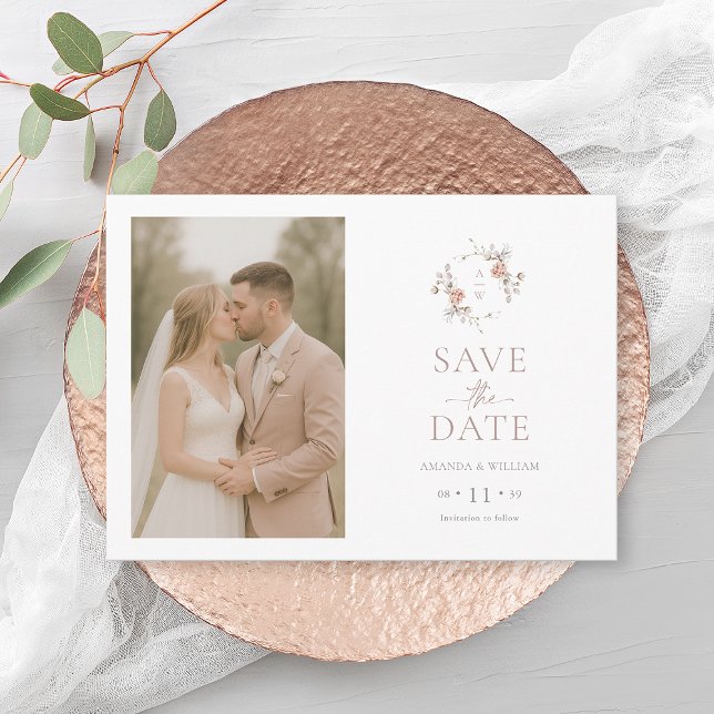 Convites Minimalist Floral Save the Date Photo Card (Criador carregado)