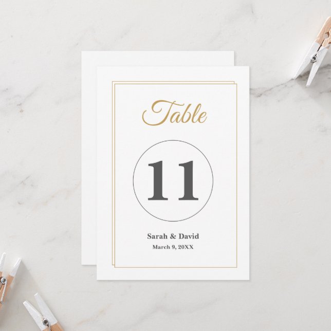 Convites Minimalist Gold Border Wedding Table Number Card (Frente/Verso In Situ)