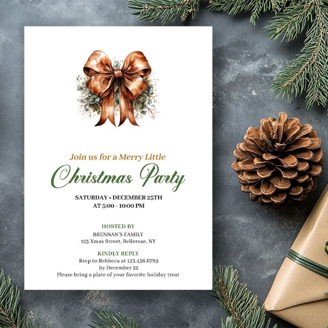 Convites Minimalist Green And Gold Christmas Bow Invite (Minimalist Green And Gold Christmas Tree Invite)