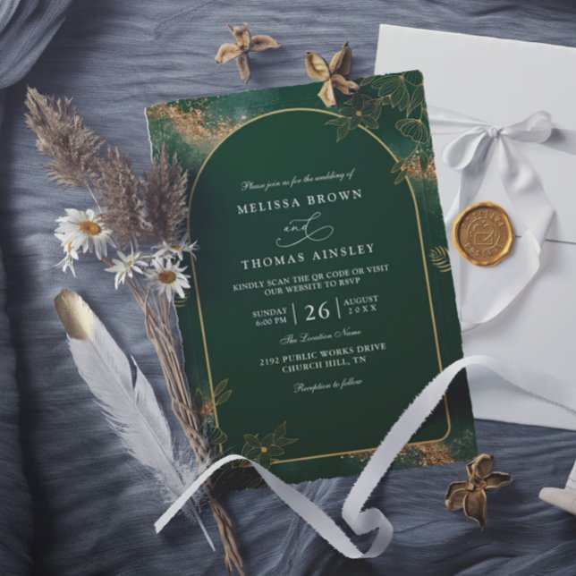 Convites Minimalist Green and Gold Modern QR Code Wedding (Criador carregado)