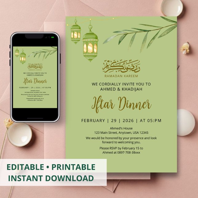 Convites Minimalist Green Watercolor Lanterns Iftar (Criador carregado)