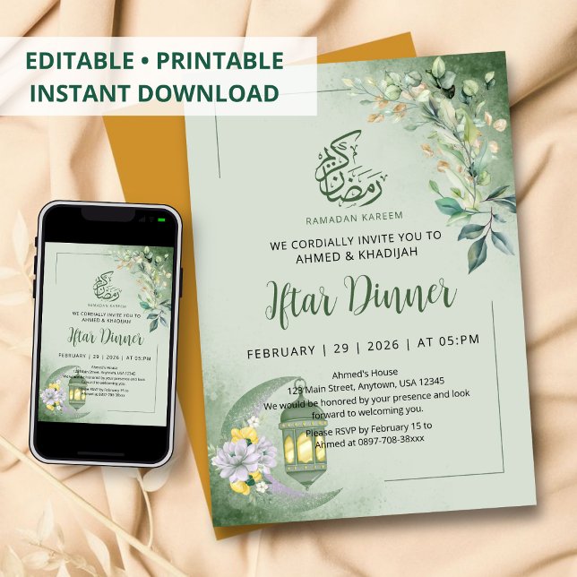 Convites Minimalist Greenery Moon Ramadan Iftar Dinner (Criador carregado)