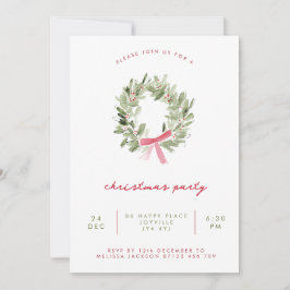 Convites Minimalist Greenery Wreath & Bow Christmas Party