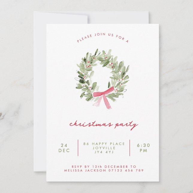 Convites Minimalist Greenery Wreath & Bow Christmas Party (Frente)