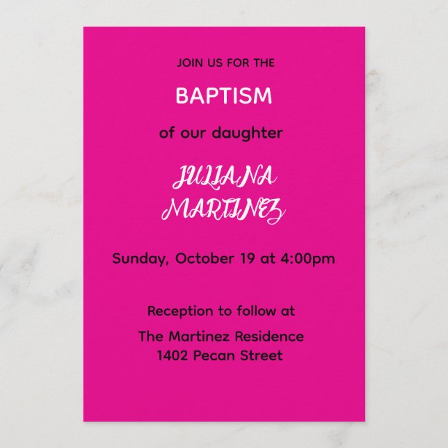 Convites Minimalist Hot Pink Baptism Invite (Frente)