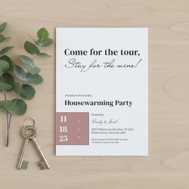 Convites Minimalist Housewarming Invitation • Wine Quote D  (Housewarming invitation flat lay with green leaves and house keys on warm wooden table background.)