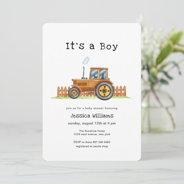 Convites Minimalist It's A Boy Framer Tractor Baby Shower  (Em pé/Frente)