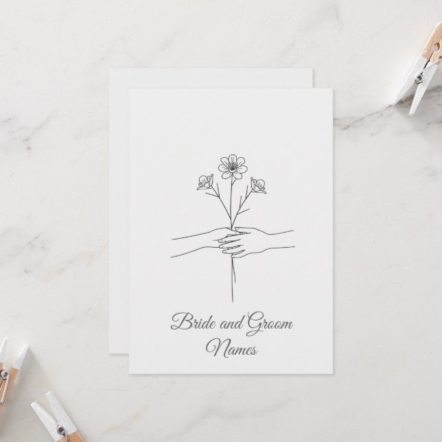 Convites Minimalist Line Art Hands holding Flowers Wedding  (Frente/Verso In Situ)
