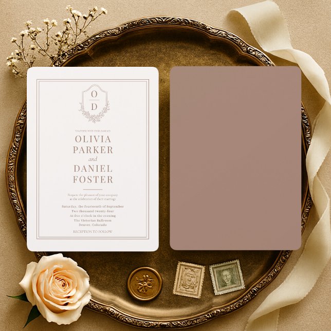 Convites Minimalist Mocha Brown Crest Wedding (Criador carregado)