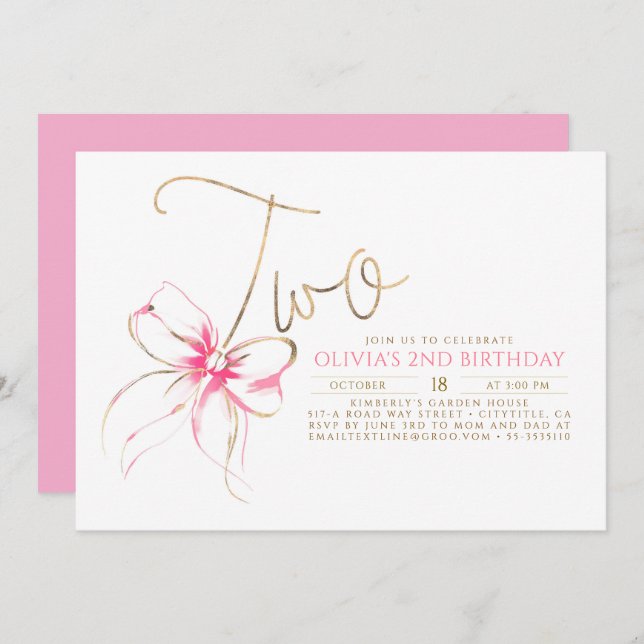 Convites Minimalist Modern Elegant Pink Bow 2nd Birthday (Frente/Verso)
