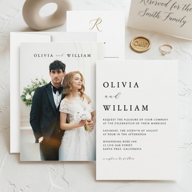 Convites Minimalist Modern White Elegant Photo Wedding  (Criador carregado)