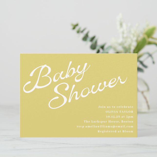 Convites Minimalist Modern Yellow Retro Script Baby Shower (Em pé/Frente)