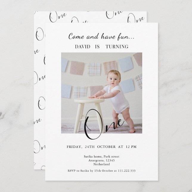 Convites Minimalist One  Custom Photo First Birthday (Frente/Verso)
