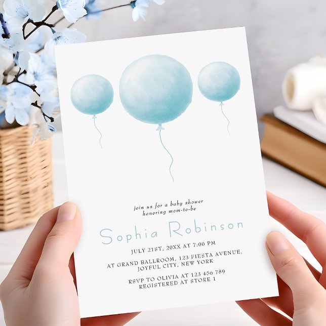 Convites Minimalist Pastel Blue Balloons Baby Boy Shower (Criador carregado)