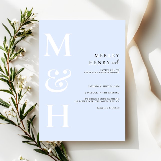 Convites Minimalist Pastel Blue White Monogram Wedding (Criador carregado)