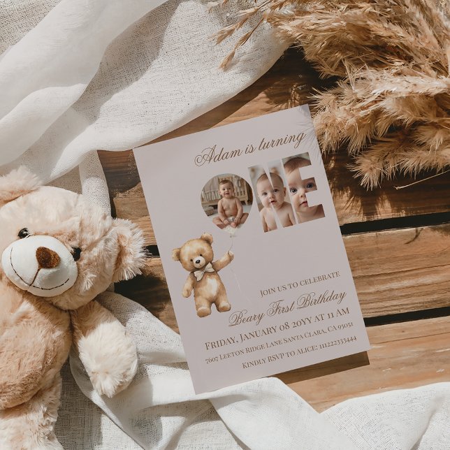 Convites Minimalist Photo Bear Neutral Beary First Birthday (Criador carregado)